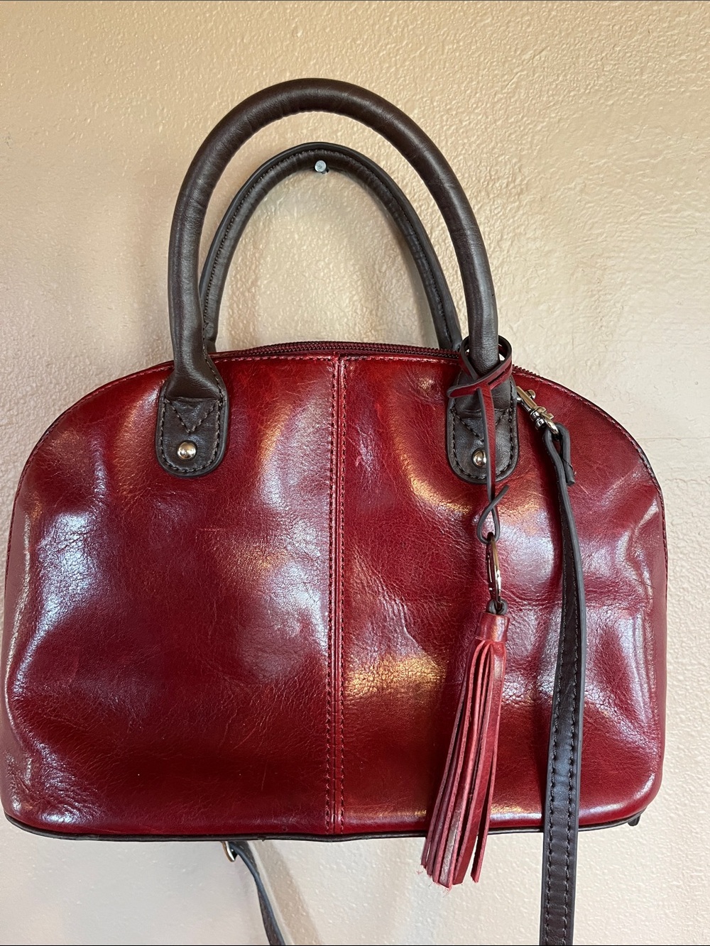 Tignanello Deep Red Leather Satchel with Dark Brown Trim